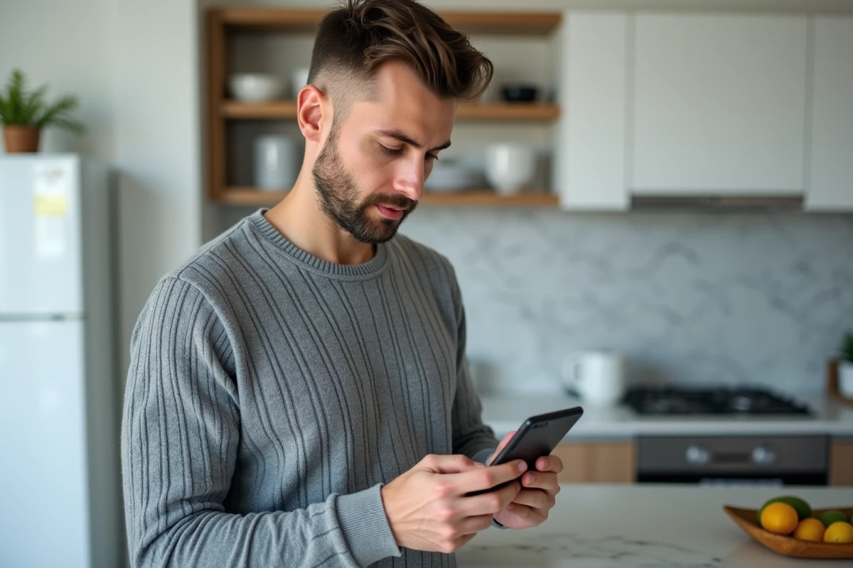 Homme accédant à son compte CMUT en ligne depuis un smartphone dans une cuisine moderne