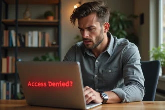 Homme frustré devant un écran d'ordinateur affichant un message d'accès refusé à son compte en ligne