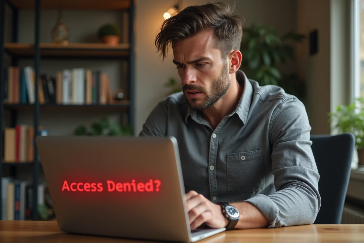 Homme frustré devant un écran d'ordinateur affichant un message d'accès refusé à son compte en ligne