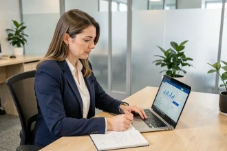 Femme professionnelle cherchant de l'aide sur CDC Net Banque des territoires depuis son bureau