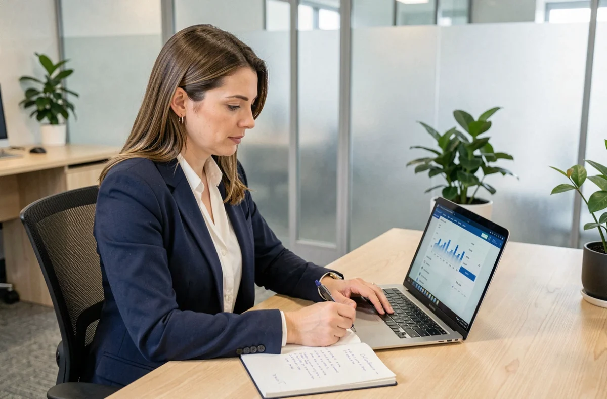 Femme professionnelle cherchant de l'aide sur CDC Net Banque des territoires depuis son bureau