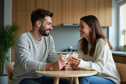 Deux amis échangent des billets d'euros dans un appartement lumineux