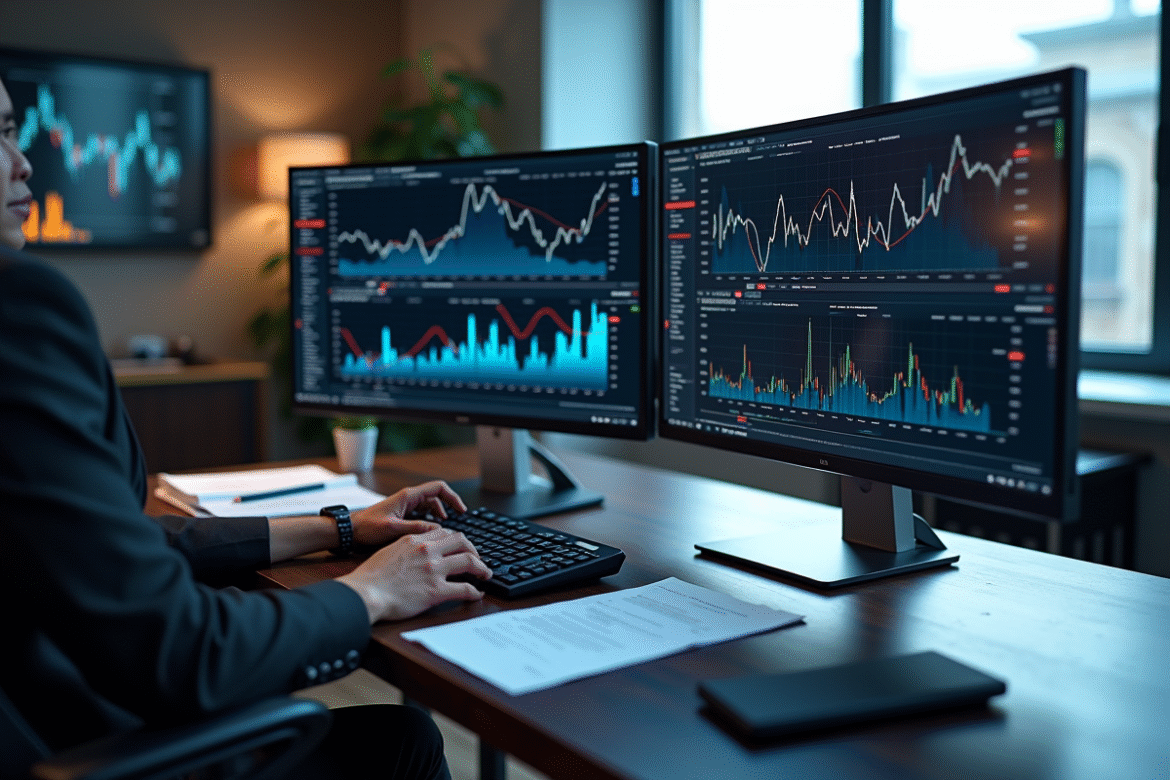 Bureau d'un analyste financier avec graphiques et écrans