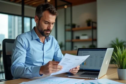 Un homme d'affaires analyse les fonds d'épargne salariale sur des documents financiers dans un bureau moderne