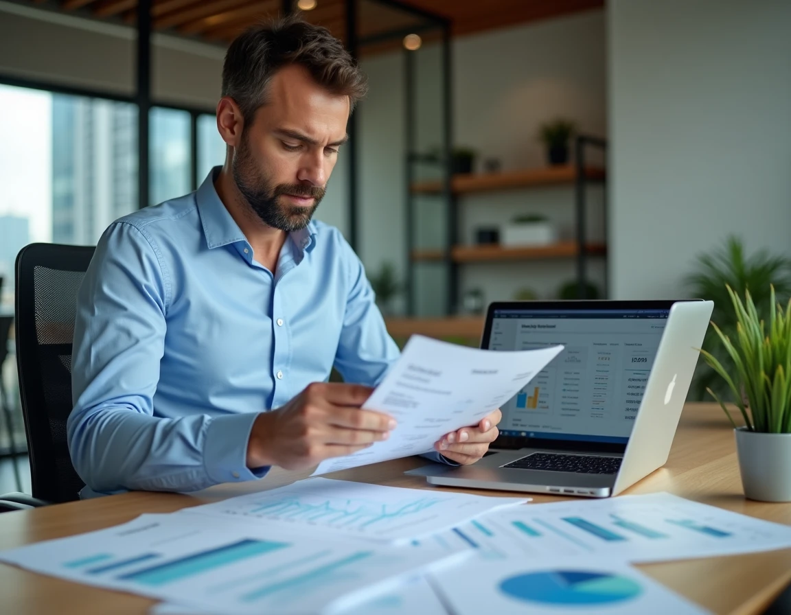 Un homme d'affaires analyse les fonds d'épargne salariale sur des documents financiers dans un bureau moderne