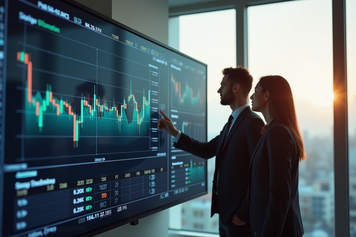 Professionnels analysant des graphiques boursiers en entreprise