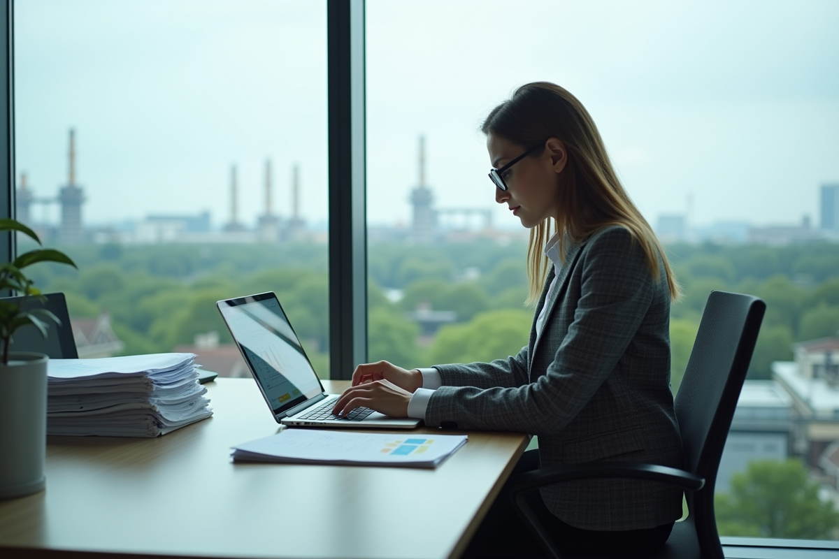 Jeune analyste au bureau avec graphiques et skyline en arrière-plan