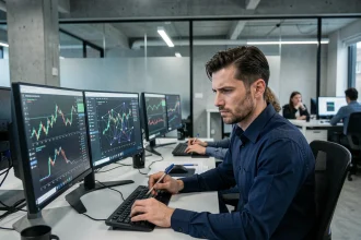 Analyste financier étudiant des graphiques de cryptomonnaies sur plusieurs écrans dans un bureau fintech moderne, illustrant la chute de Solana face à ses concurrents