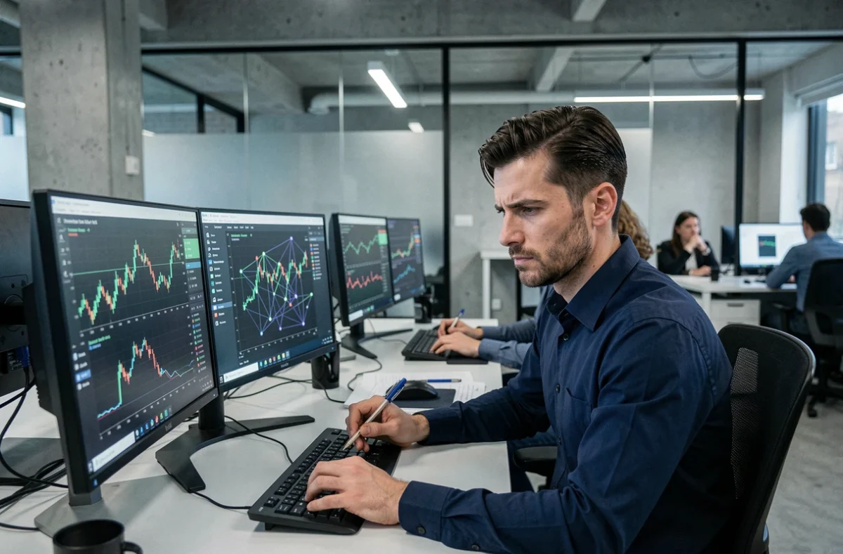Analyste financier étudiant des graphiques de cryptomonnaies sur plusieurs écrans dans un bureau fintech moderne, illustrant la chute de Solana face à ses concurrents