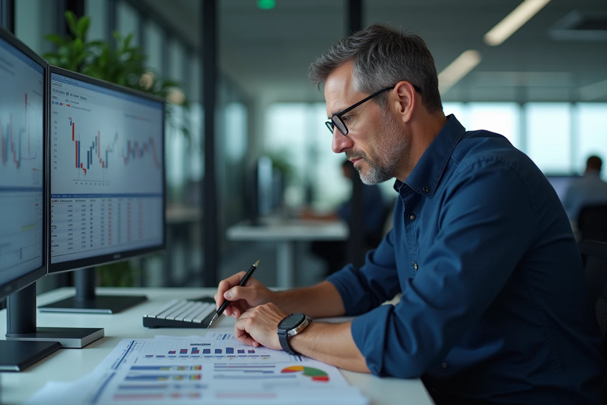 Analyste financier comparant l'Information Coefficient et l'Information Ratio sur des écrans de trading en bureau moderne