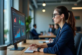 Femme analyste étudiant des graphiques d'indicateurs IA sur un écran de bureau dans un open space moderne