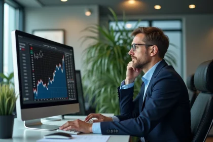 Analyste en costume bleu regardant des graphiques au bureau