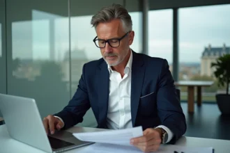 Animateur financier homme en costume à Paris