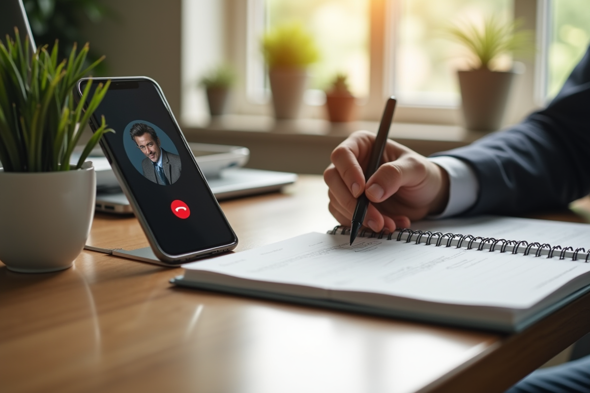 Appel en cours avec conseiller financier sur smartphone dans un bureau calme