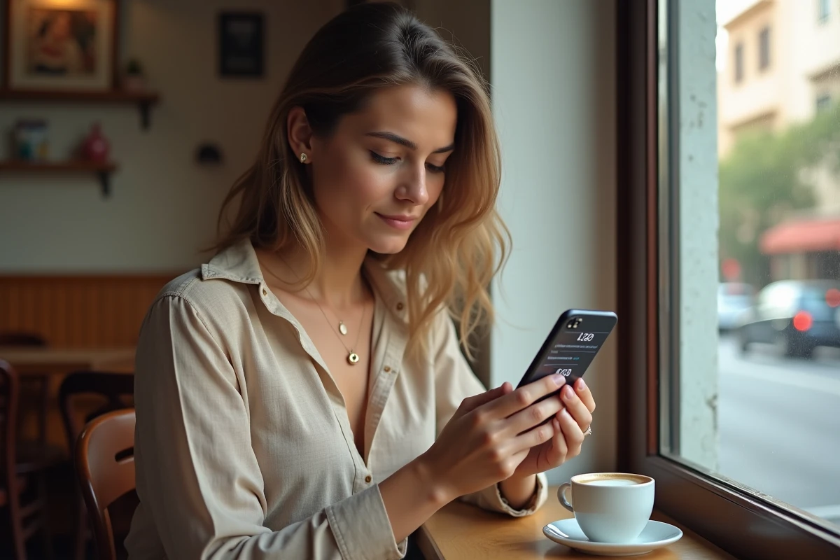 Femme utilisant une application mobile pour suivre le cours du dinar algérien dans un café