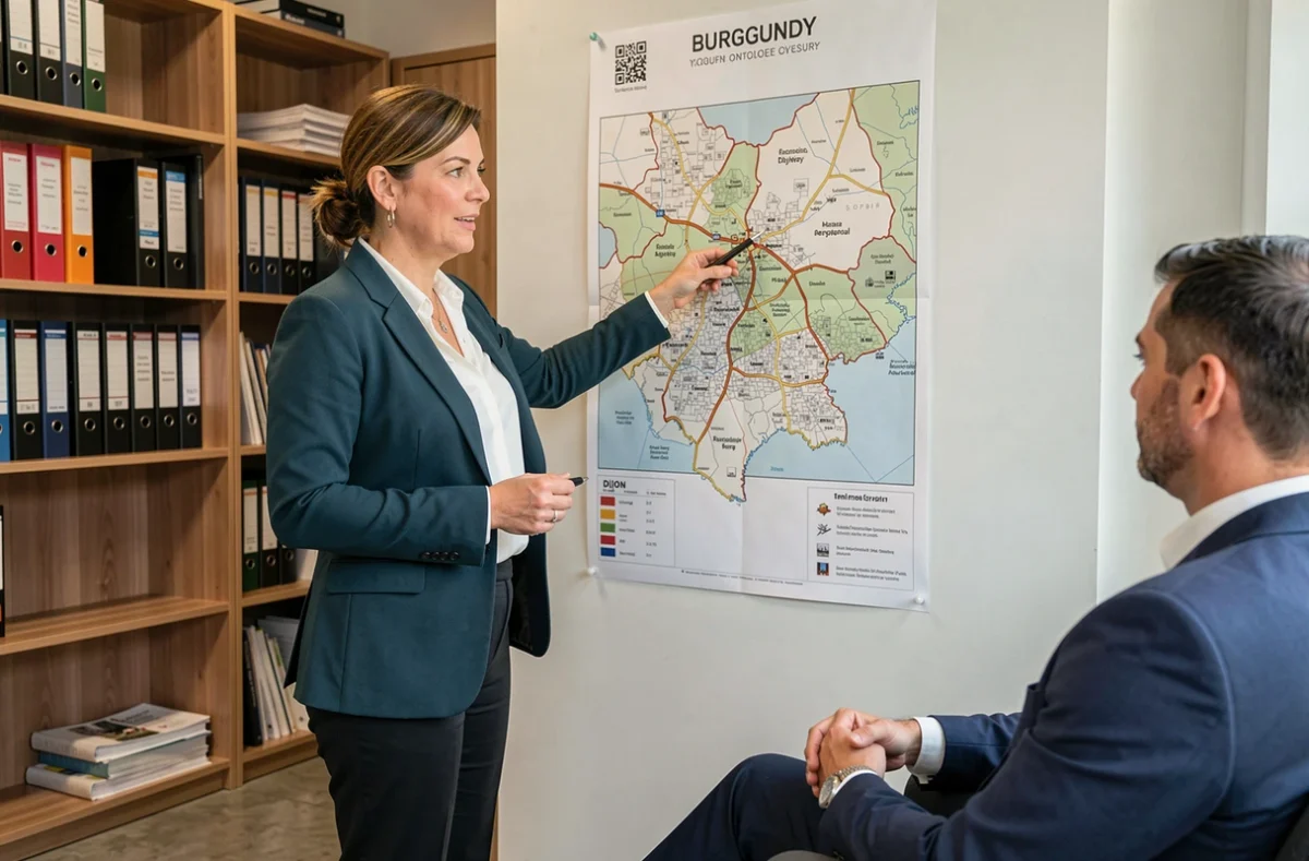 Courtière d'Artémis Courtage présentant le réseau immobilier en Bourgogne à un client dans son agence à Dijon