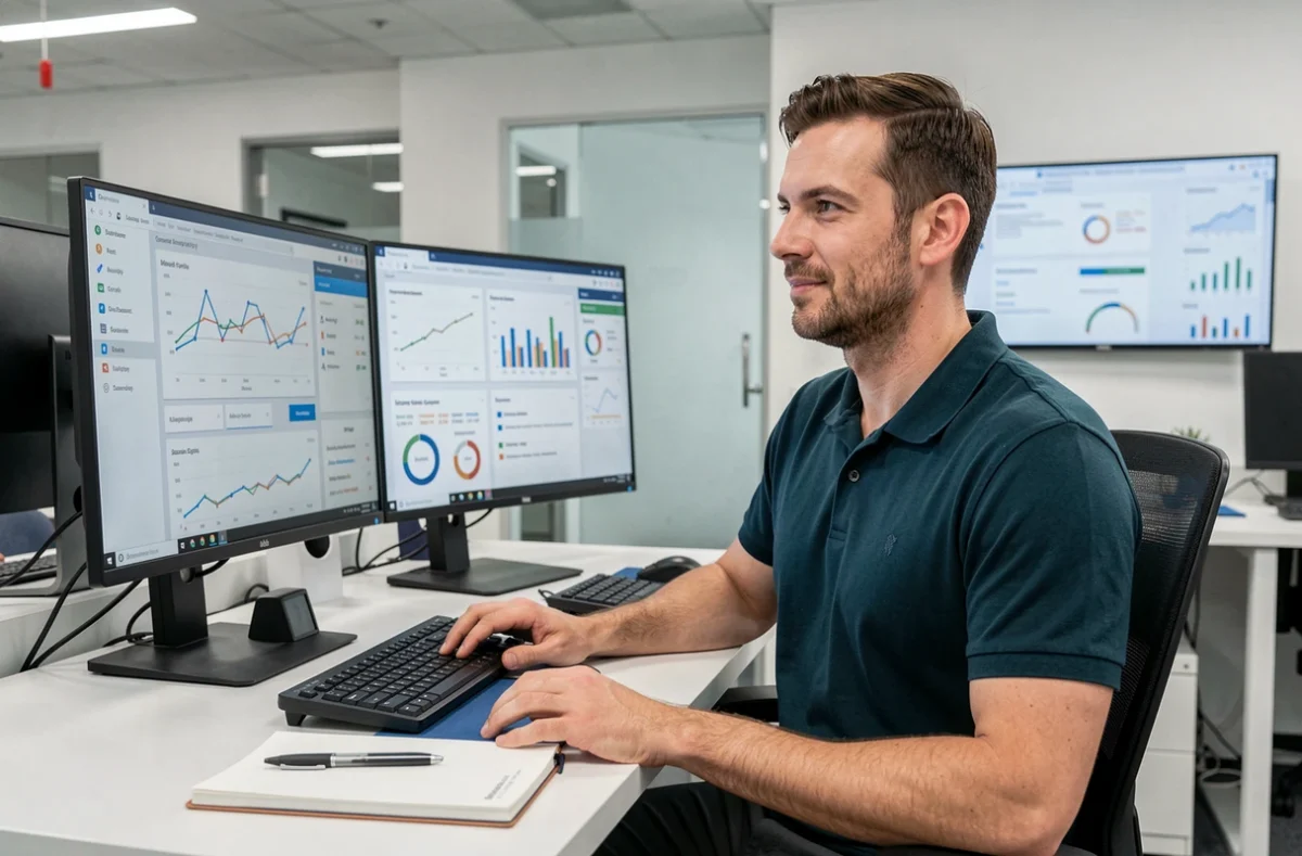 Analyste Assurances Labs comparant des données d'assurance emprunteur sur plusieurs écrans