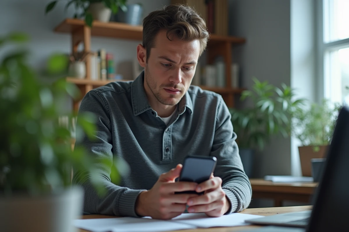 Homme vérifiant une authentification à deux facteurs sur son application bancaire Crédit Agricole depuis son domicile