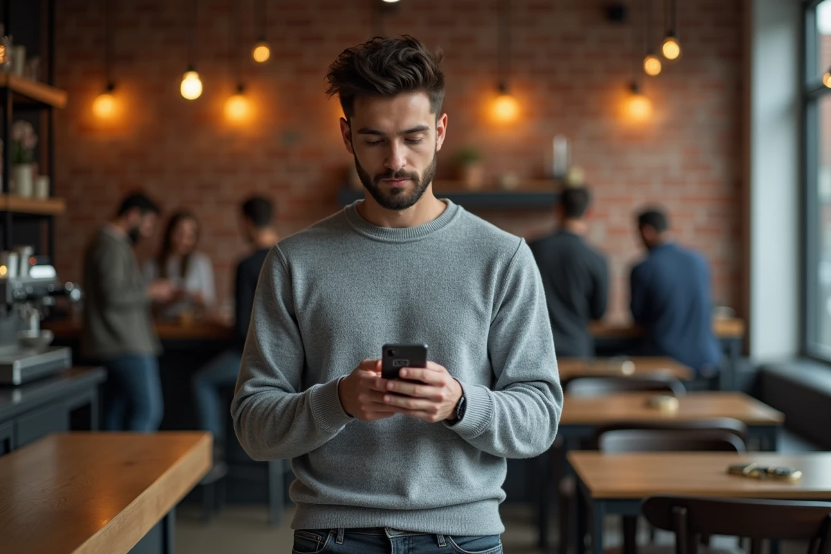 Homme vérifiant une authentification à deux facteurs sur smartphone pour sécuriser son compte LCL en déplacement