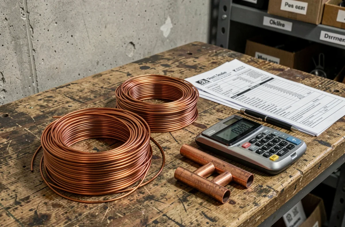 Balance numérique avec fils et tubes en cuivre sur établi pour estimation du prix à la tonne
