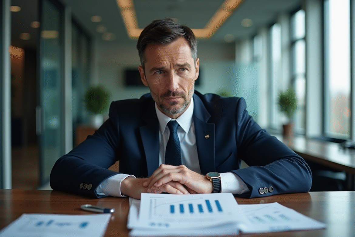 Banquier dage moyen en costume bleu dans un bureau moderne