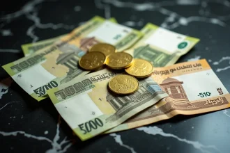 Billets et pièces de dirham des Émirats arabes unis disposés sur une surface en marbre noir, montrant les différentes coupures et symboles monétaires de Dubaï