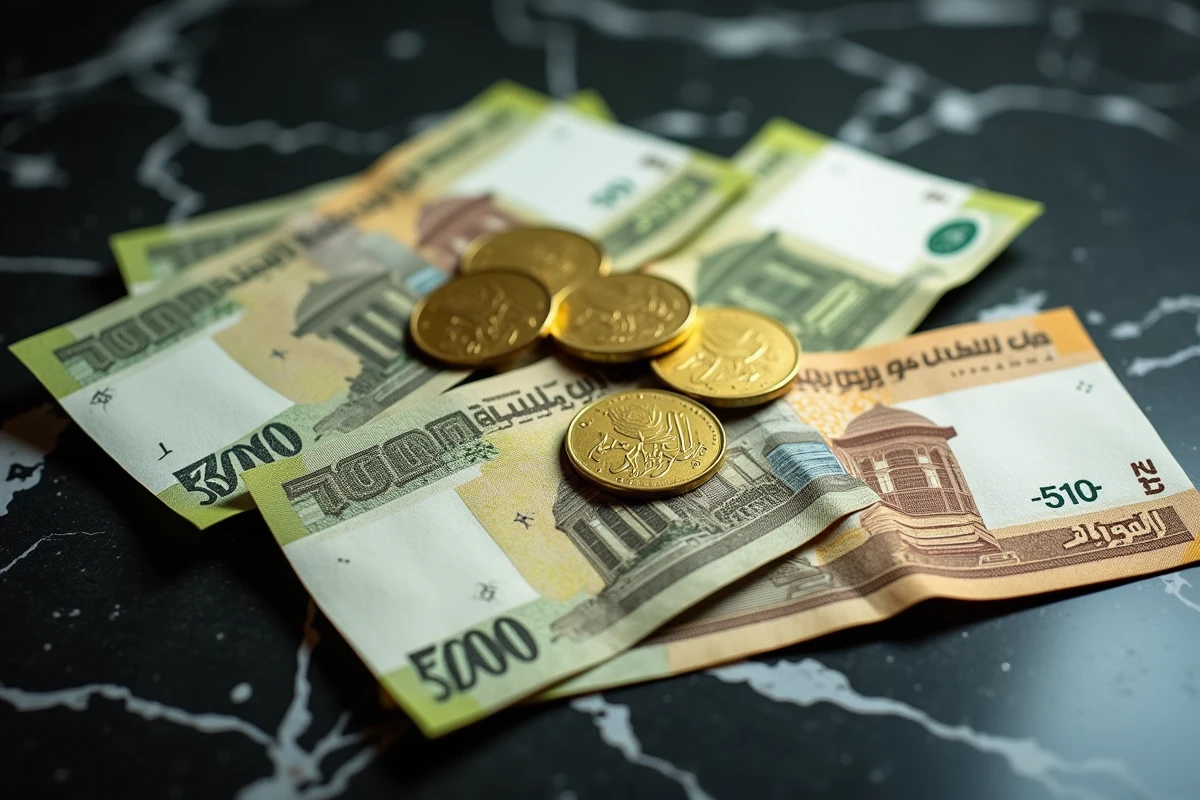Billets et pièces de dirham des Émirats arabes unis disposés sur une surface en marbre noir, montrant les différentes coupures et symboles monétaires de Dubaï