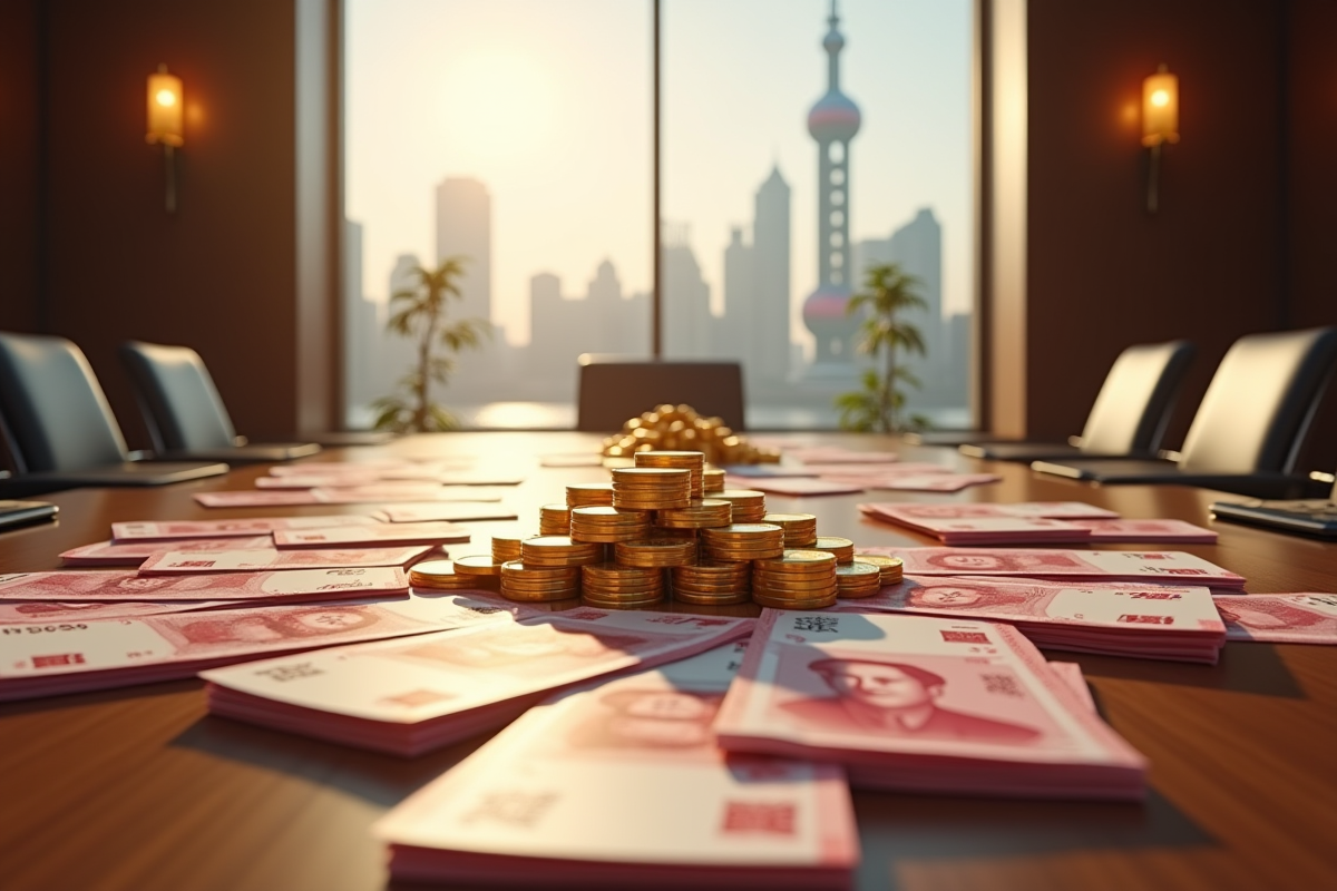 Table de réunion avec billets de yuan et pièces d