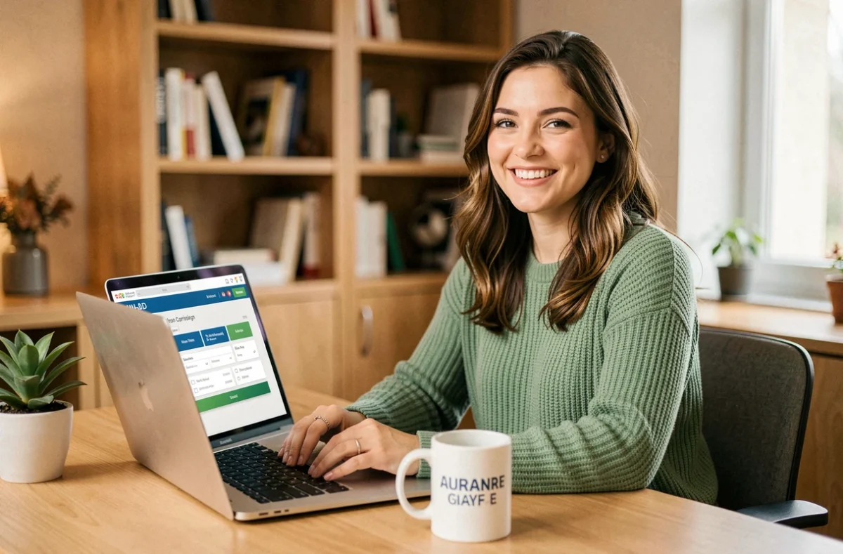 Conseillère Bonne Assurance comparant des offres d'assurance emprunteur dans un bureau chaleureux