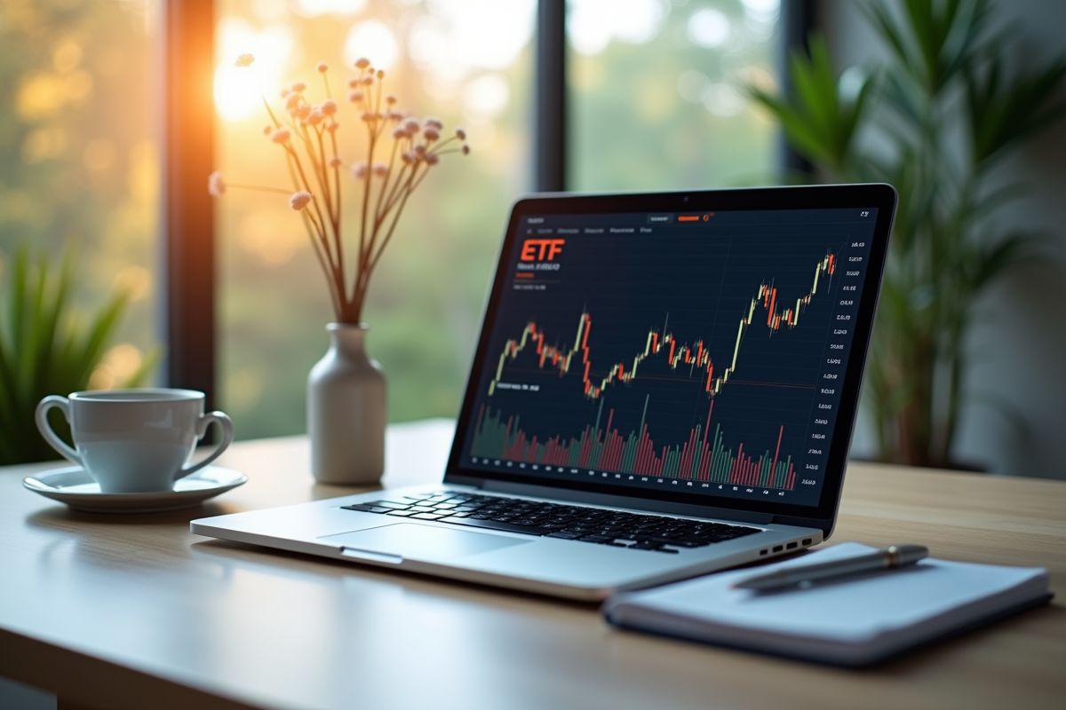Espace de travail avec ordinateur et graphique ETF lumineux