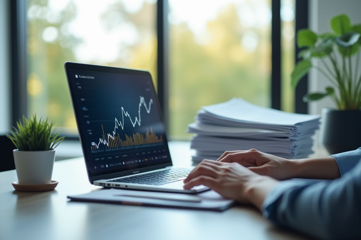 Espace de travail professionnel avec ordinateur et documents financiers