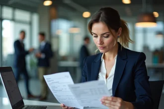 Cadre féminine analysant sa fiche de paie dans un bureau moderne avec des documents imprimés sur son bureau