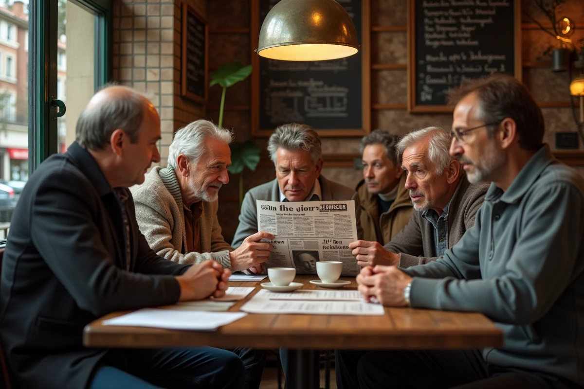 Groupe de personnes discutant d un article sur Jean Luc Reichmann au café