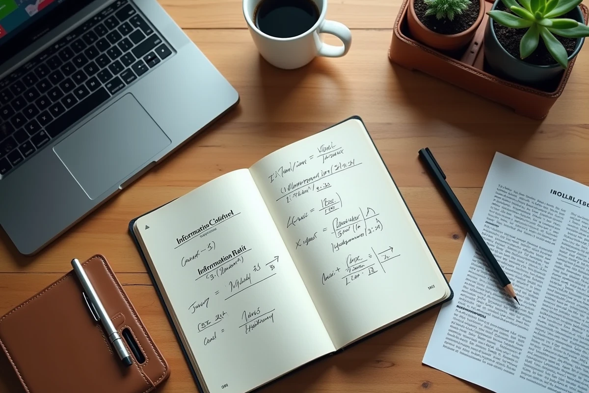 Vue aérienne d'un bureau avec cahier de calculs financiers comparant Information Coefficient et Information Ratio