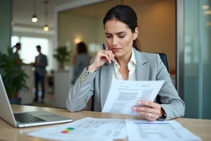 Femme cadre comparant deux fiches de paie différentes malgré un salaire identique, assise à un bureau avec des documents fiscaux