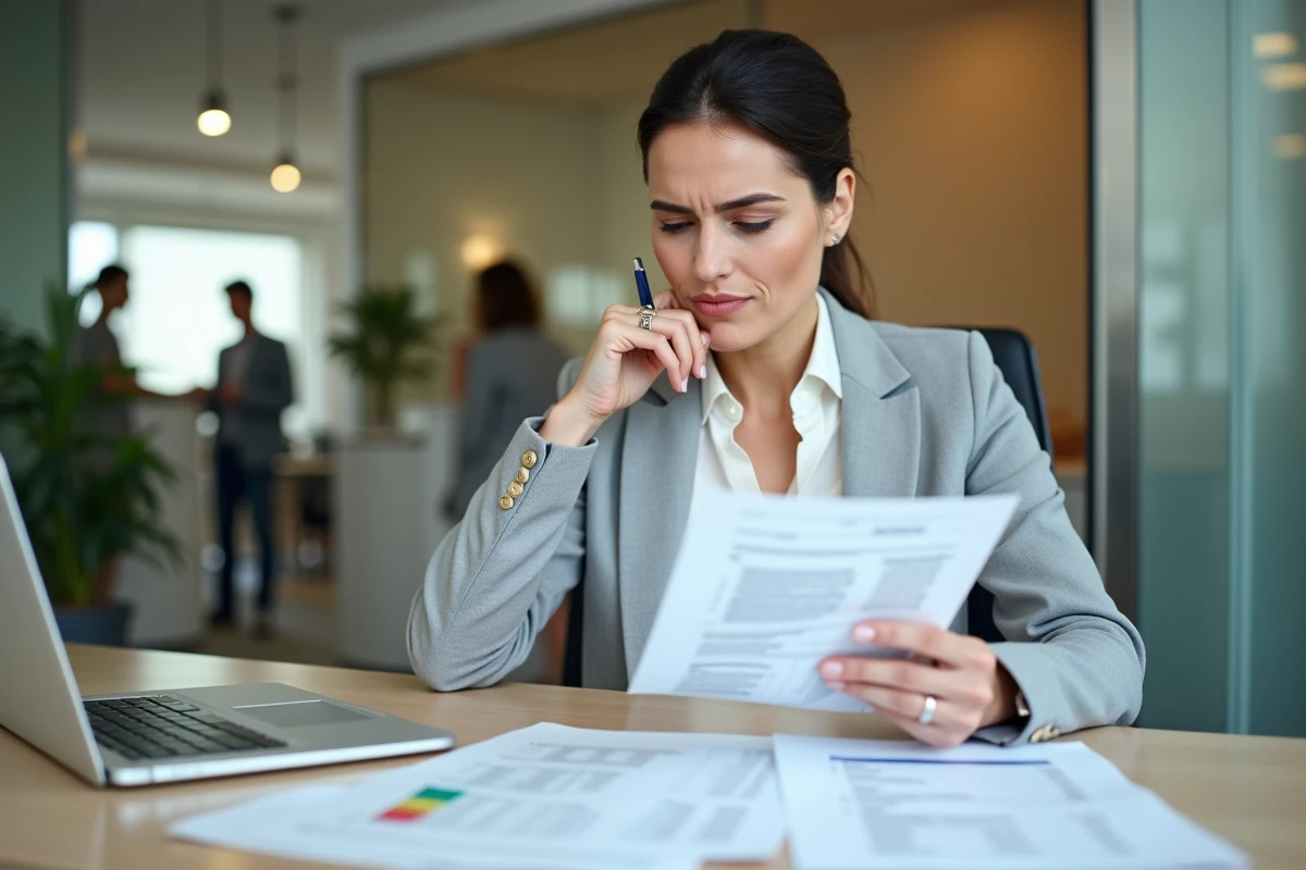 Femme cadre comparant deux fiches de paie différentes malgré un salaire identique, assise à un bureau avec des documents fiscaux