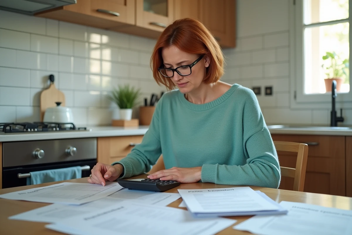 Femme seule à la maison calculant ses droits à l'ARE avec des documents Pôle Emploi et une calculatrice sur la table de cuisine