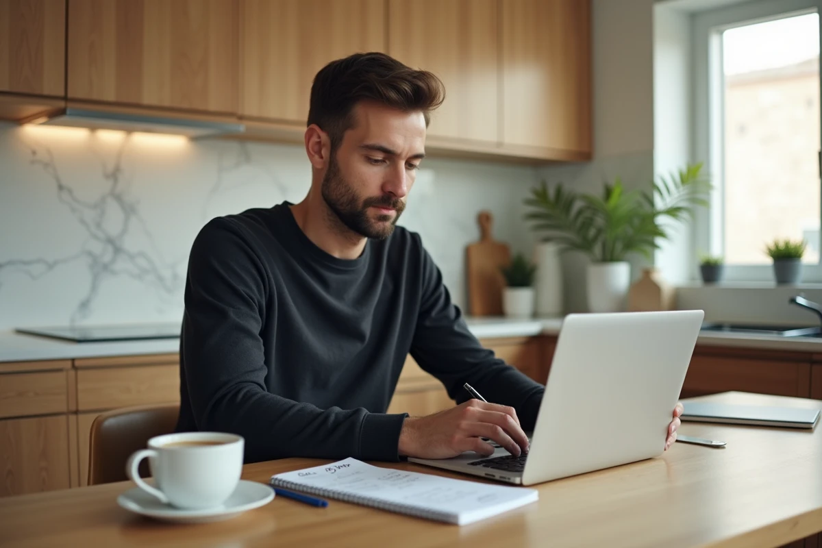 Jeune actif calculant son salaire net cadre sur ordinateur portable à domicile avec un cahier de notes