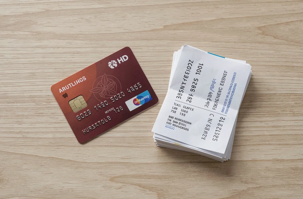 Carte bancaire coupée en deux près de relevés de compte