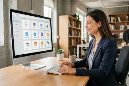 Femme professionnelle gérant ses comptes centralisés sur un tableau de bord numérique depuis son bureau moderne