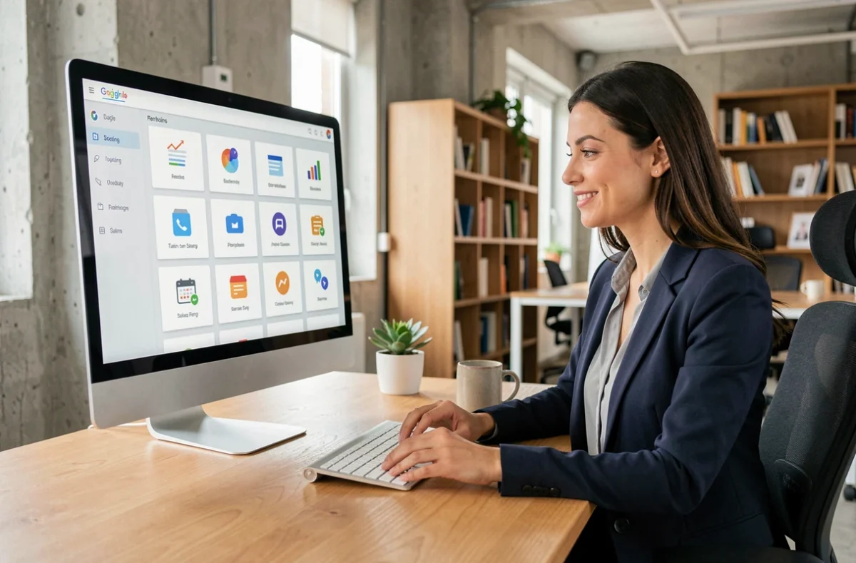 Femme professionnelle gérant ses comptes centralisés sur un tableau de bord numérique depuis son bureau moderne