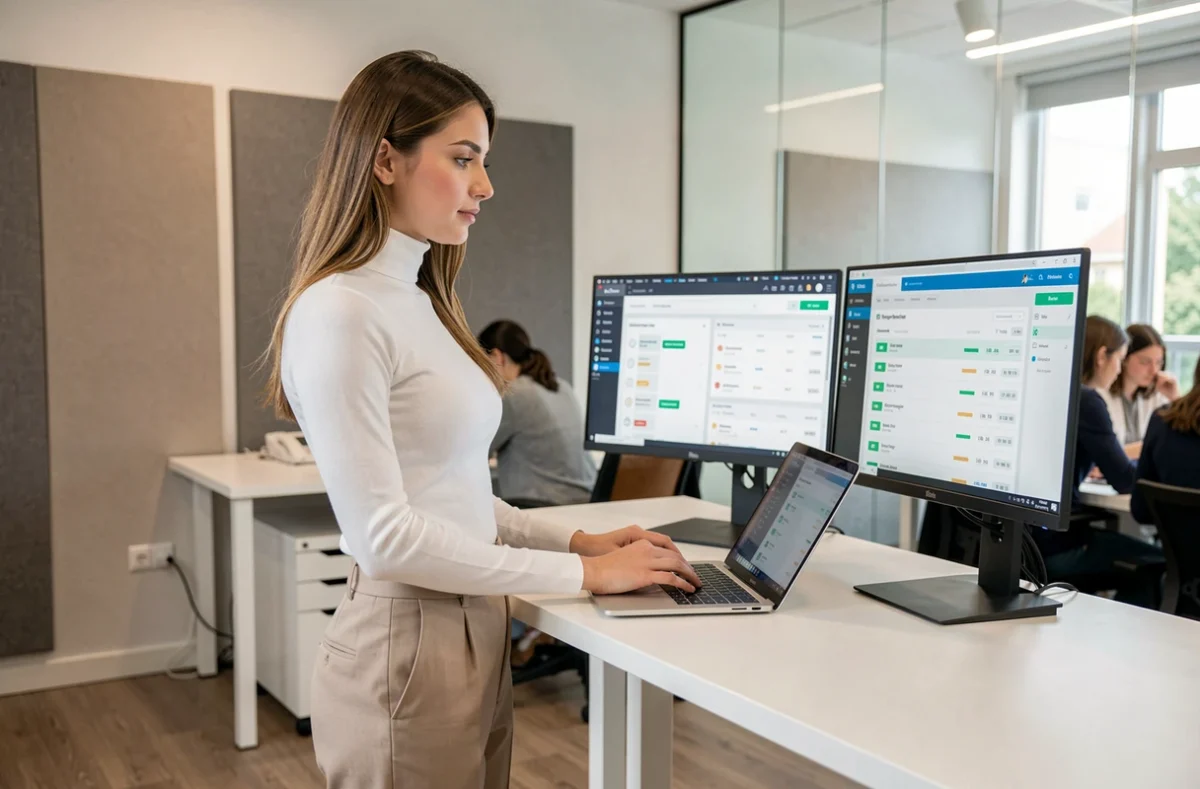 Jeune professionnelle centralisant ses comptes sur deux écrans dans un espace de coworking moderne