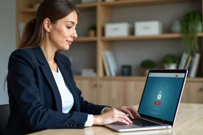 Femme utilisant son espace client LCL sur ordinateur portable pour gérer ses données bancaires en toute sécurité