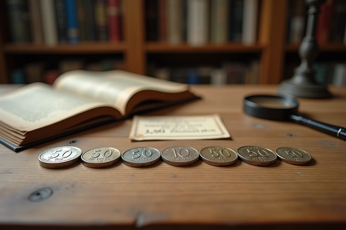 Quatre pièces de 50 francs Hercule de différents millésimes sur un bureau de numismate avec loupe et catalogue