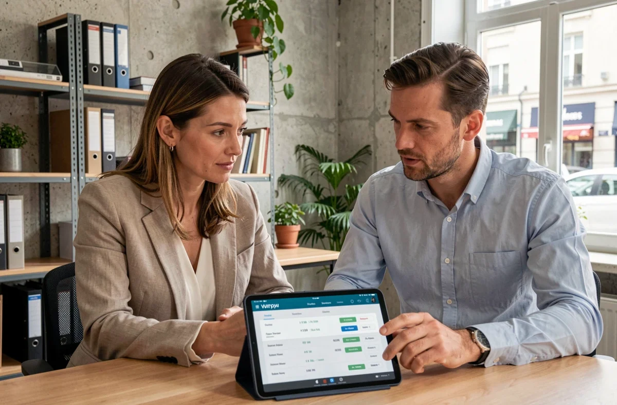 Deux entrepreneurs comparant les options de compte pro et particulier Société Générale sur tablette
