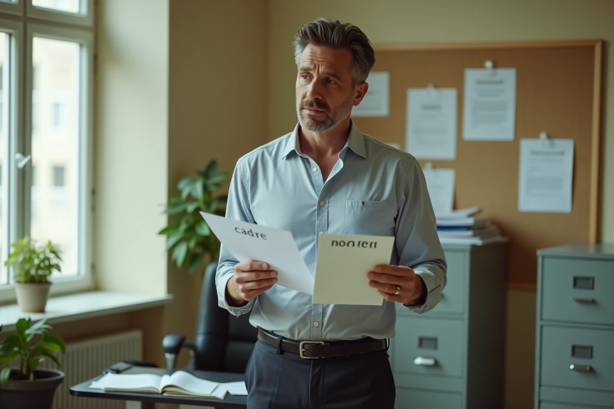 Homme comparant deux fiches de paie cadre et non-cadre dans un bureau des ressources humaines
