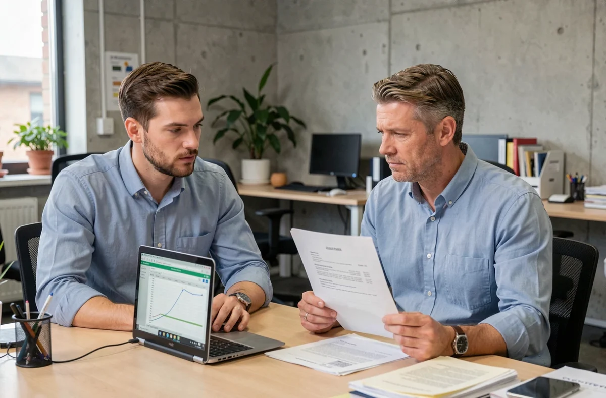 Deux collègues comparant des contrats de travail à temps partiel et temps plein au Smic dans un bureau, illustrant l'écart salarial en 2026
