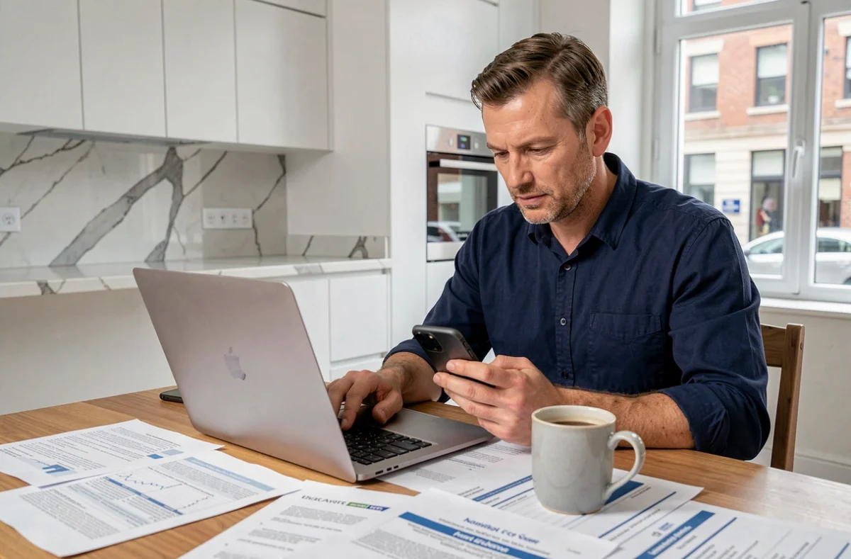 Homme comparant des offres d'assurance en ligne sur ordinateur et téléphone avec des documents épars