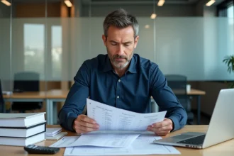 Comptable masculin en entreprise calculant les acomptes d'impôt sur les sociétés sur des tableaux financiers imprimés