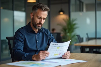 Comptable examinant un calendrier fiscal annoté pour sécuriser la date d'acompte IS